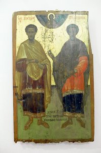 Heiligen, schilderij op hout in het Arkadi klooster, Kreta, Griekenland