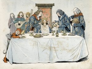Een klein meisje met een kroon zit op een troon aan een bankettafel. Een grote esong schonk haar een drankje in, een grote mandenmaker sneed brood en een grote kamerheer bond een handdoek om haar nek. Troubadours en een dwerg vermaken haar. Allegorie van d