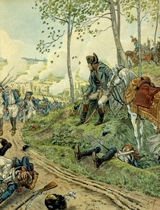 Veldtocht van Italië (1799-1800): Napoleon I Bonaparte (1769-1821) bij de Slag bij Marengo op 14 juni 1800 in Piëmont (Italië), tegenover de Napoleontische en Oostenrijkse legers. Illustratie door Jacques Marie Gaston Onfray de Breville, bekend als JOB (18