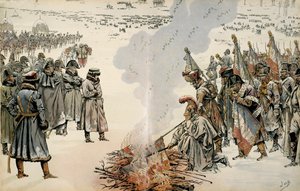 Campagne van Rusland (1812): Tijdens de Russische terugtocht beval Napoleon I Bonaparte (1769-1821) om vlaggen en adelaars te verbranden om te voorkomen dat de vijand ze zou overnemen. In 