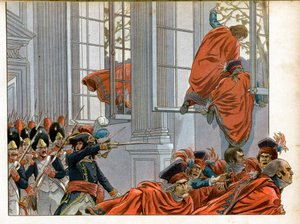 Consulaat: Joachim Murat betreedt de Kamer van de Raad van Vijfhonderd met 50 mannen om de senatoren te verdrijven tijdens de staatsgreep van 18 Brumaire (9 november 1799) die een einde maakte aan het Directoire en het Consulaat inluidde