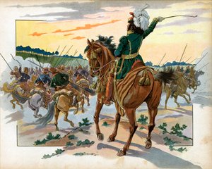 Tijdens de Russische veldtocht ging Joachim Murat alleen op de Kozakken af en zette hen op de vlucht door zijn aanwezigheid. Gravure door Jacques Marie Gaston Onfray de Breville, genaamd Job