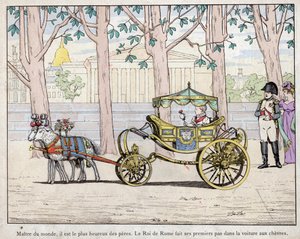 Keizer Napoleon I Bonaparte met zijn zoon Prins Napoleon Francois Charles Joseph Bonaparte, die koning van Rome Napoleon II werd genoemd - Napoleon kijkt toe hoe de koning van Italië (Napoleon II) zijn eerste stappen zet in een tuin door pseudonym for Onfray de Breville Jacques Job