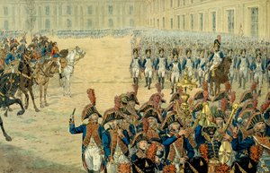 Eerste inspectie van de consulaire garde in de binnenplaats van de Tuilerieën door Napoleon I Bonaparte. Na de goedkeuring van de Grondwet in 1800 verhuisde de regering van Peer-Luxemburg naar de Tuilerieën. door pseudonym for Onfray de Breville Jacques Job
