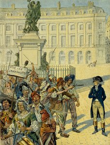 Franse Revolutie 1789: Napoleon I Bonaparte (1769-1821) bedreigd door de menigte van de sans-culottes op 10 augustus 1792 nabij het standbeeld van Lodewijk XIV (1638-1715) door Desjardins voordat het werd omvergeworpen, Place des Victoires in Parijs. Illus