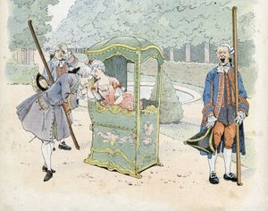 Franse galanterie in de 18e eeuw: een jongeman kust de hand van een vrouw in een rolstoel. in 