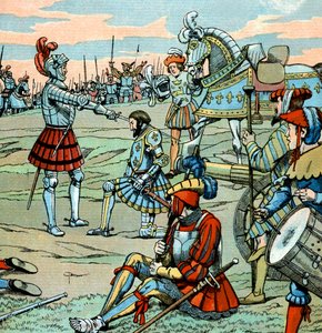 Franse koning François I wordt tot ridder geslagen door Bayard net na de slag bij Marignan op 14 september