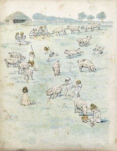 Gallische kinderen spelen met varkens in een veld. in "Frankrijk, zijn verhaal verteld door G. Montorgueil, geïllustreerd door Job" 1896. Privécollectie. door pseudonym for Onfray de Breville Jacques Job