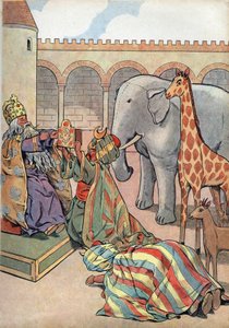 Geschiedenis van Frankrijk. Scène uit het leven van Karel de Grote in speelgoed: Kalief Haron Al Rashid geeft de koning van Frankrijk Karel de Grote een giraffe, een olifant en een klok. In 