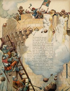 Geschiedenis van Frankrijk in de Middeleeuwen: Jeanne Laisne, genaamd Jeanne Hachette (overleden 1454), verdedigt de stad Beauvais met andere vrouwen die kokende olie van de torens gooien tijdens het beleg van de stad in 1472 door koning Karel de Stoute door pseudonym for Onfray de Breville Jacques Job