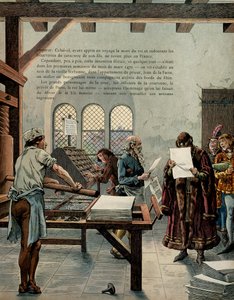Geschiedenis van Frankrijk in de Middeleeuwen: koning Lodewijk XI, bijgenaamd de Voorzichtige (1423-1483), stimuleerde de groei van de drukkerij-industrie. De koning bezocht de Sorbonne in aanwezigheid van typografen Ulrich Gering door pseudonym for Onfray de Breville Jacques Job