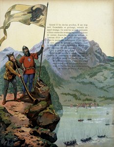 Geschiedenis van Frankrijk in de Middeleeuwen: de troepen van Karel de Stoute (1433-1477), hertog van Bourgondië, betreden het land van Vaud in Zwitserland. Illustratie door Jacques Marie Gaston Onfray de Breville, bekend als JOB (1858-1931) door pseudonym for Onfray de Breville Jacques Job