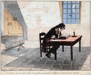 In Valencia (gevangenis) maakt Napoleon van de gelegenheid gebruik om de Digest te bestuderen en zeer sterk te worden in de wet - lithografie door Job (Jacques Onfroy de Breville) uit Le Grand Napoleon des Petites