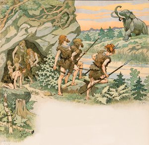 Jacques Marie Gaston Onfroy de Breville genaamd JOB (1858-1931) - Tijdens de prehistorie beschermen holbewoners hun families tegen een mammoetaanval door pseudonym for Onfray de Breville Jacques Job