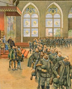 De Gueux presenteren hun respectvolle bezwaren aan Marguerite de Parma, gouvernante van de Nederlanden onder Filips II, in 1566