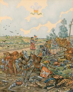 Geschiedenis van België: Jan I, Graaf van Luxemburg, genoemd de Blinde (1296 - 1346) valt in de Slag bij Crecy op 26 augustus 1346, Privécollectie door pseudonym for Onfray de Breville Jacques Job