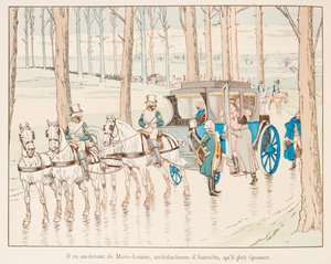 Jacques Marie Gaston Onfroy de Breville, bekend als JOB (1858-1931) - Napoleon Bonaparte gaat naar het front van Marie Louise van Oostenrijk voor haar huwelijk in 1810, Privécollectie door pseudonym for Onfray de Breville Jacques Job
