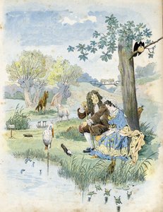 Jean de La Fontaine (1621-1695) praat met een jong meisje. Om hen heen dieren die voorkomen in de fabels van de dichter: wolf, lam, ooievaar, schildpad, rat, kikker, haas, vos, raaf... in 