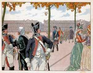 Joachim Murat en Bessieres in Parijs in 1791 in het kostuum van de constitutionele garde van de koning. Gravure door Jacques Marie Gaston Onfray de Breville, genaamd Job door pseudonym for Onfray de Breville Jacques Job