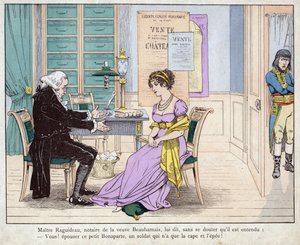 Josephine en de notaris - Maitre Raguideau, notaris van de weduwe Beauharnais, zei tegen haar, Jij! trouw met deze kleine Bonaparte - lithografie door Job (Jacques Onfroy de Breville) uit Le Gran door pseudonym for Onfray de Breville Jacques Job