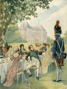 Napoleon I Bonaparte tijdens een lunch in de tuinen van het kasteel van Malmaison. Illustratie door Jacques Marie Gaston Onfray de Breville, bekend als JOB. Privécollectie door pseudonym for Onfray de Breville Jacques Job