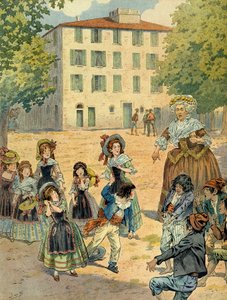 Napoleon I Bonaparte (1769-1821) in Ajaccio werd berispt door zijn huishoudster. Dit is het huis waar Bonaparte op 15 augustus 1769 werd geboren. Illustratie door Jacques Marie Gaston Onfray de Breville, bekend als JOB (1858-1931)
