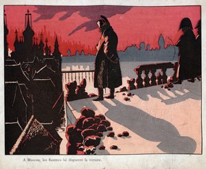 Napoleon aanschouwt de brand van Moskou - Hij kijkt naar het brandende Moskou (15-16 september 1812) - lithografie door Job (Jacques Onfroy de Breville) uit Le Grand Napoleon des Petites Enfants 1893 door pseudonym for Onfray de Breville Jacques Job