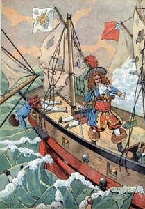 Scène uit de geschiedenis van Frankrijk in speelgoed: De Franse zeeman, kaperkapitein Jean Bart (1650-1702) met zijn zoon klaar om het kruit in brand te steken in geval van een botsing. In 