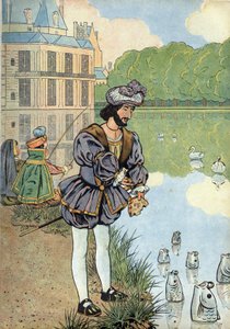 Scène uit de geschiedenis van Frankrijk in speelgoed: koning van Frankrijk Frans I geeft brood aan de vissen van het park van Fontainebleau. In 