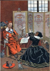 Scène uit de geschiedenis van Frankrijk in speelgoed: vrouw smeekt om vergeving van kardinaal Richelieu, omringd door katten. In 