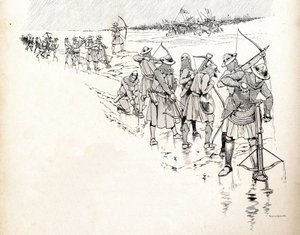 De regen maakt de boogschutters van het leger van de Franse koning Filips VI (1293-1350) onbruikbaar door de touwen van de bogen nat te maken tijdens de Slag bij Crécy in 1346 aan het begin van de Honderdjarige Oorlog. Illustratie van Job (Jacques)