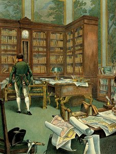 Werkkabinet van Napoleon I Bonaparte op de eerste verdieping van het Palais des Tuileries terwijl hij Eerste Consul was. Bureau met bibliotheek en klok gebouwd in hout. Illustratie door Jacques Marie Gaston Onfray de Breville, bekend als JOB. Privécollecti