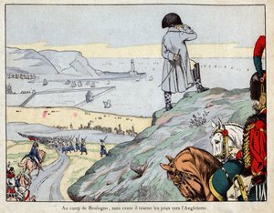 Aanvalsplan op Engeland door het Engelse leger onder leiding van Napoleon vanuit het kamp Boulogne-sur-Mer in maart 1803 - lithografie door Job door pseudonym for Onfray de Breville Job