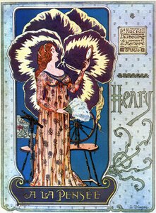 Art Nouveau: reclameposter voor de cosmeticawinkel Henry a la Pensée in Parijs. Een jonge vrouw bewondert zichzelf in een spiegel, achter haar een bloem van gedachte. Illustratie van L. Trianon