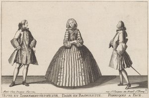 Veste en Parrement van Gouden Stof/Dame in Bagnolette/Pruiken met Gezicht