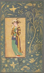 Jongere met een granaatappel; Illustratie van een enkelbladig manuscript door style of Riza yi Abbasi