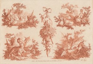 Twee Pastorale Vignetten, Twee Jachtvignetten en een Trofee door the Elder and Jean Baptiste Hüet Gilles Demarteau