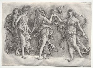 Vier Dansende Muzen, ca. 1497 door the so called Premier Engraver