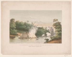 Z.M. Stoomschip Celebes in gevecht met een kotta-mara. Poeloe Kanamit, 6 Augustus 1859 door weduwe Elias Spanier and Zn