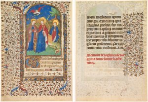Blad uit een Getijdenboek: St. Geneviève, Catharina van Alexandrië en Margaretha (recto) en Tekst (verso) door workshop of Boucicaut Master