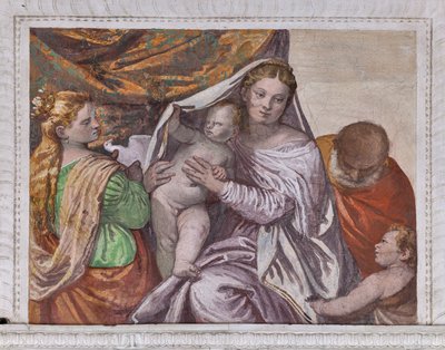 Madonna met Kind Jezus en St. Catharina die een duif aanbiedt aan Jezus, Zuidelijke Muur van de Kamer van de Kleine Hond (detail) door Veronese