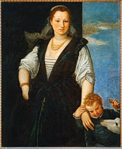 Portret van een vrouw met een kind en een hond - Portrait de femme avec un enfant et un chien ... door (1528-88) Veronese