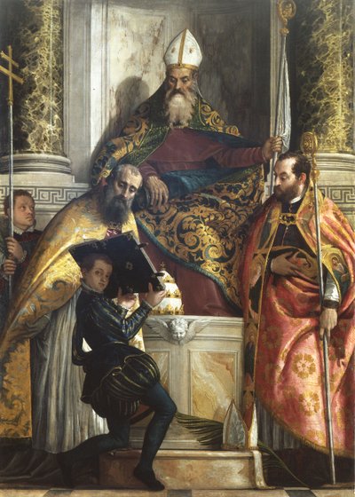 Sint Antonius de Abt tussen St. Cornelius en St. Cyprianus door Veronese