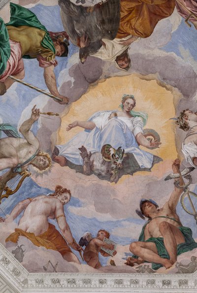 Universele Harmonie omringd door goden: Zeus met een adelaar, Mars, Apollo met de lier, Venus, Mercurius met caduceus, Diana met honden, en Saturnus, het centrale achthoek van de Hal van Olympus door Veronese