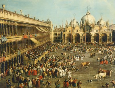 Stierengevecht of stierenjacht op Piazza San Marco door Canaletto