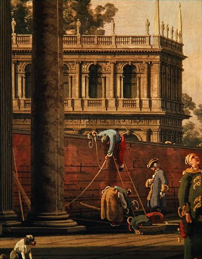 Capriccio van een man die een muur beklimt door Canaletto