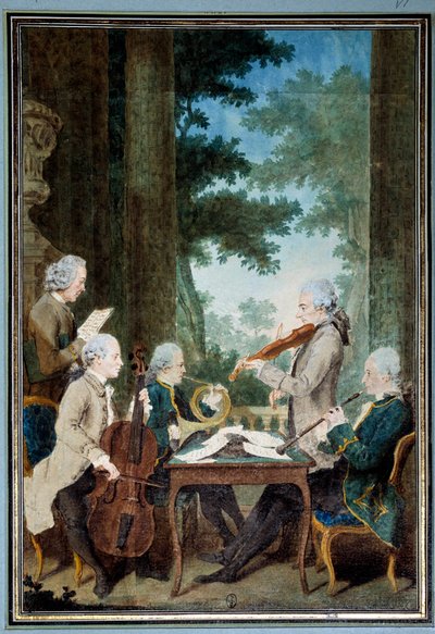 Heren Duport, Vachon, Rodolphe, Provers en Vernier. Portret van een groep muzikanten tijdens een concert. Aquarel door Louis Carrogis (18e eeuw) door Carmontelle