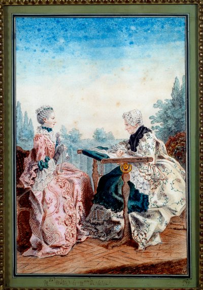 Mademoiselle Melin en Mademoiselle de Laleu maken aquareltapijten door Carmontelle