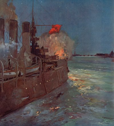 De Russische kruiser Aurora vuurt het schot dat het bestormen van het Winterpaleis in Petrograd, Russische Revolutie, 25 oktober 1917 signaleert (kleur litho) door (after) Carrey