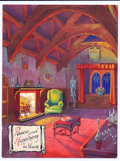 Origineel kunstwerk voor een kerstkaart van een knapperend vuur in een baroniale hal, circa 1953 door (after) English School